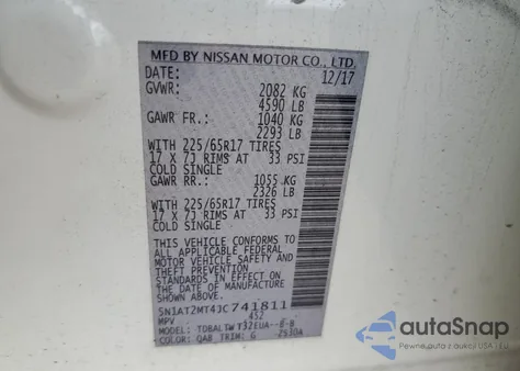 2018 Nissan Rogue S z USA, uszkodzony, nr VIN 5N1AT2MT4JC741811